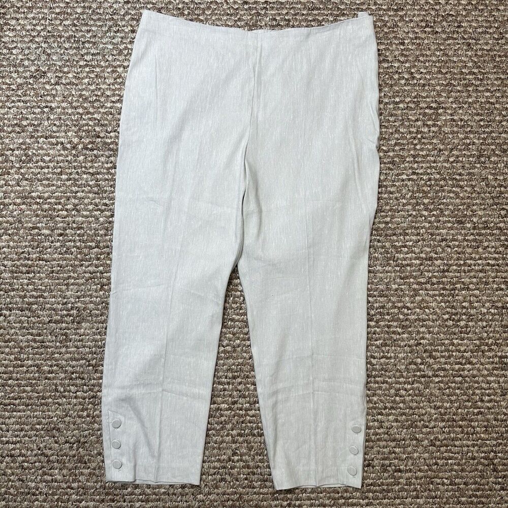 J Jill Pants Womens Sz XL Linen Stretch Capri Crop Buttons Side Zip Light Gray